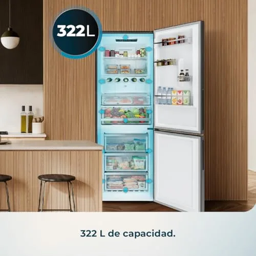 Cecotec ▫️ Frigorífico Combi Total No Frost de 322 L, modelo Bolero CoolMarket Combi 322i WD, em aço inoxidável, 185,5 cm de altura, 59,5 cm de largura, Classe E, tecnologia Multi Airflow, HumidityFlex HUB, iluminação LED interior, aço inoxidável 4