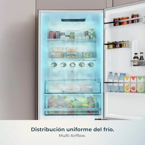 Cecotec ▫️ Frigorífico Combi Total No Frost de 322 L, modelo Bolero CoolMarket Combi 322i WD, em aço inoxidável, 185,5 cm de altura, 59,5 cm de largura, Classe E, tecnologia Multi Airflow, HumidityFlex HUB, iluminação LED interior, aço inoxidável 6