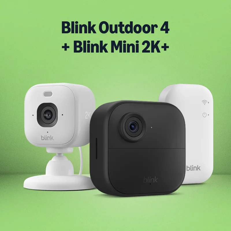 Blink ▫️ Outdoor 4 + Mini Câmera 2K+ Branca (última geração) | câmara de segurança inteligente HD sem fios, 2 anos de autonomia | sistema de 1 câmara com Sync Module Core incluído