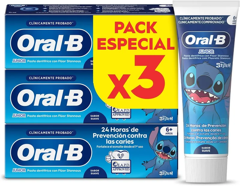 Oral-B ▫️ Pasta de dentes Pro Junior Disney Stitch para crianças, embalagem de 3 x 75 ml | Pasta de dentes para crianças dos 6 aos 12 anos, elimina a placa bacteriana e previne as cáries, sabor a menta suave