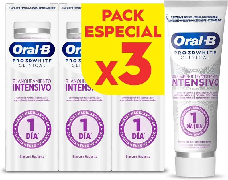 Oral-B ▫️ Pro 3D White Clinical - Pasta de dentes branqueadora, 3x75 ml | Pasta de dentes branqueadora com sabor a menta perene, elimina as manchas superficiais, branqueamento intensivo
