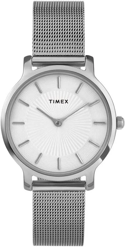 Timex ▫️ Transcend TW2Y10200 - Relógio com bracelete em malha prateada e mostrador prateado para mulher, 34 mm