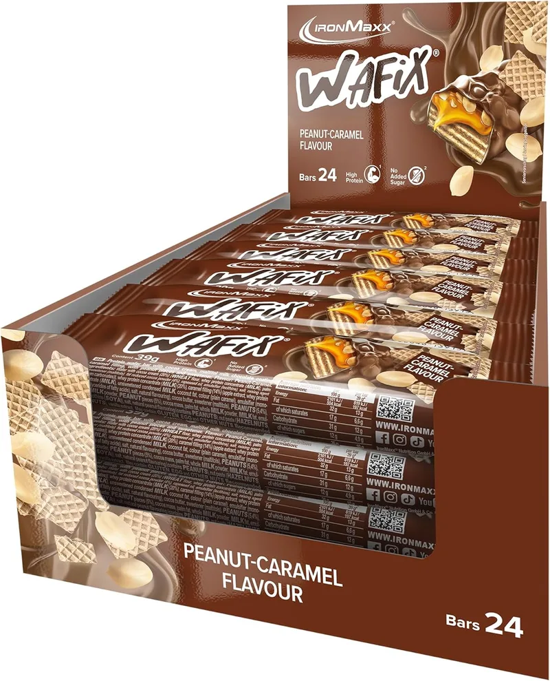 IronMaxx ▫️ Barra Proteica Wafix Peanut Caramel 24 x 39 g – Barras de waffle ricas em proteínas, com baixo teor de açúcar, crocantes e prontas a levar