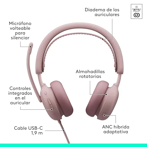 Logitech ▫️ Zone Wired 2: Auscultadores com cancelamento de ruído, rosa 6