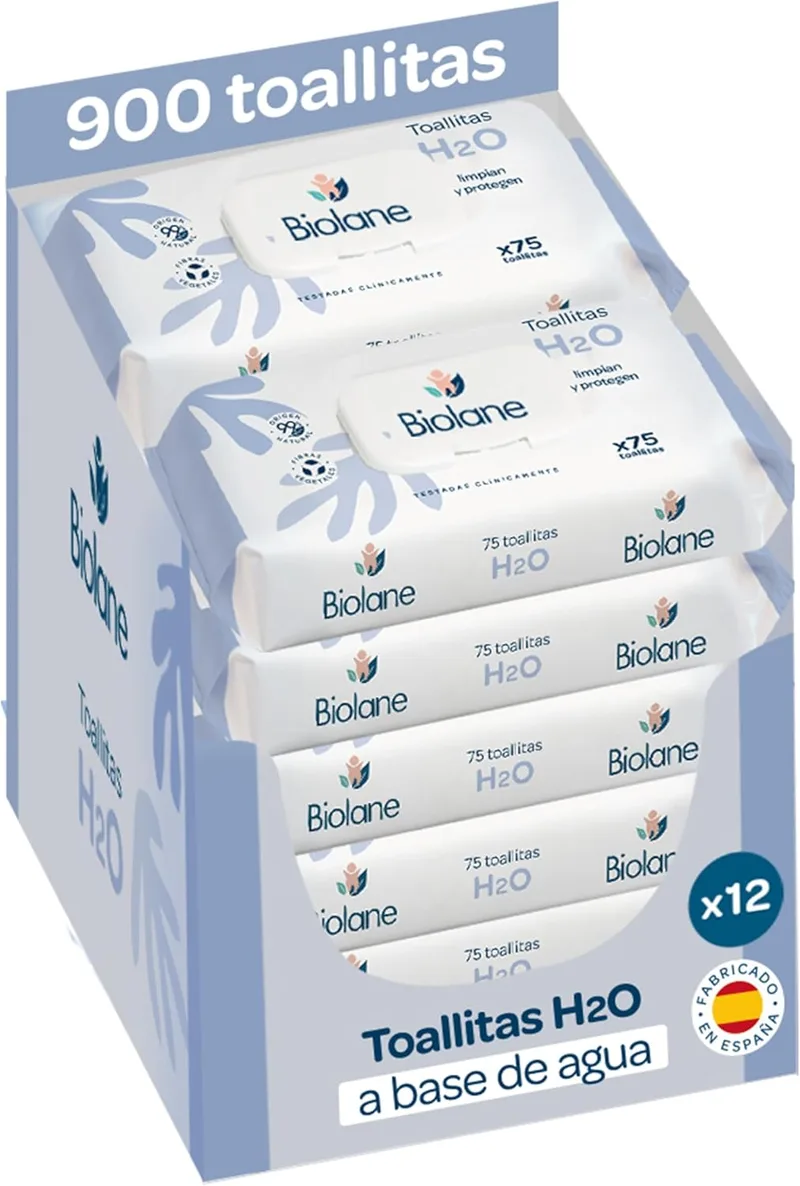 Biolane ▫️ Baby H2O Toalhetes de água, 900 toalhetes para bebés (12 embalagens de 75), 99% de ingredientes naturais, 100% de fibras vegetais, bebé e recém-nascido, pele sensível, fabricado em Espanha