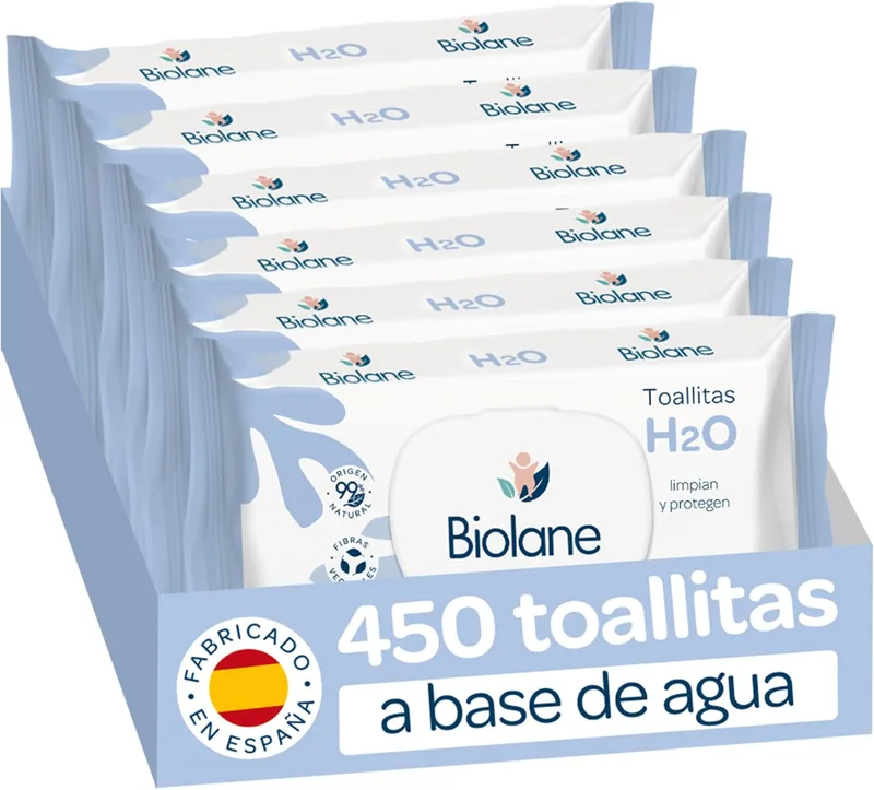 Biolane ▫️ Baby H2O Toalhetes de água, 450 toalhetes para bebés (6 embalagens de 75), 99% de ingredientes naturais, 100% de fibras vegetais, bebés e recém-nascidos, pele sensível, fabricados em Espanha