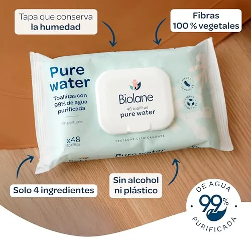 Biolane ▫️ ​- Toalhitas Pure Water para bebé, 384 toalhitas (8 embalagens de 48 unidades), 99 % de água purificada, apenas 4 ingredientes, sem perfume, pele sensível, recém-nascidos, fibras 100 % vegetais, sem plástico 2