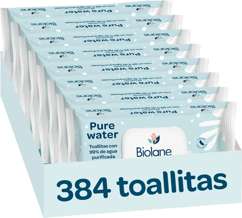 Biolane ▫️ ​- Toalhitas Pure Water para bebé, 384 toalhitas (8 embalagens de 48 unidades), 99 % de água purificada, apenas 4 ingredientes, sem perfume, pele sensível, recém-nascidos, fibras 100 % vegetais, sem plástico