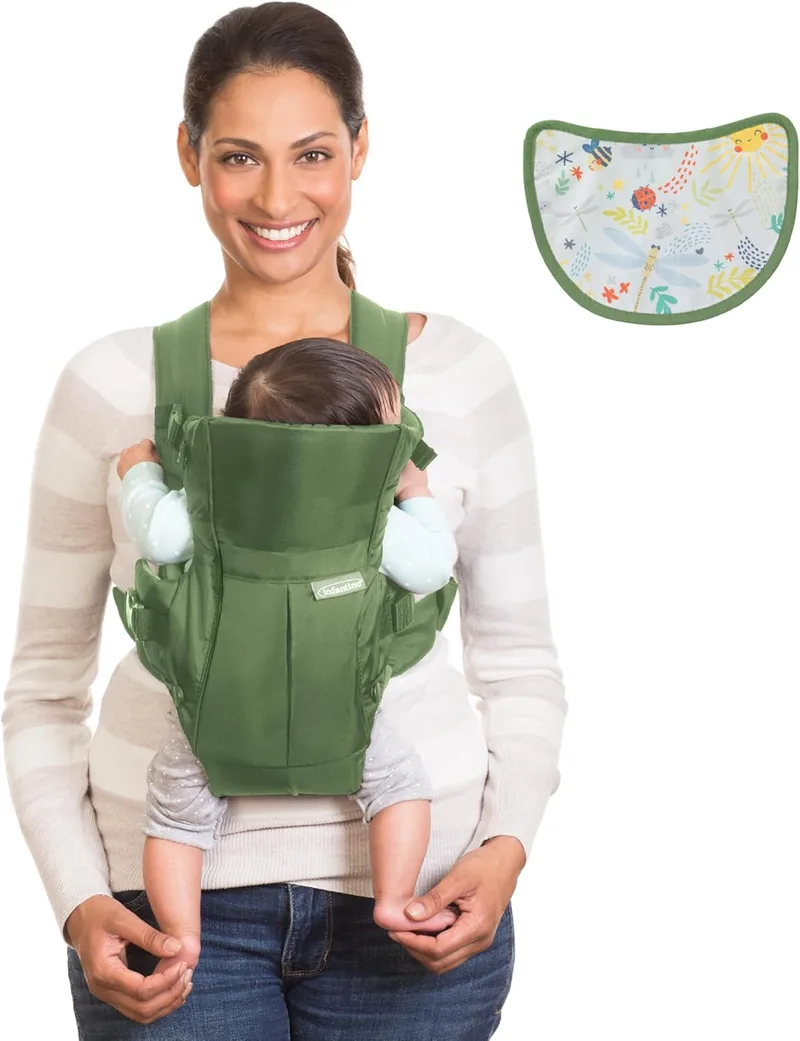 Infantino ▫️ Porta-bebés 2 em 1 Swift Classic com babete Wonder Cover, alças ajustáveis, essencial para o transporte de bebés, para recém-nascidos e crianças de 3,18-11,79 kg, azeitona