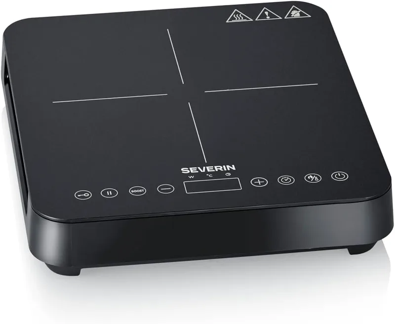 Severin ▫️ Placa de indução, 1 zona de cozedura, 10 níveis de potência, temperatura de 60 a 240 °C, ecrã tátil, Ø 22 cm, placa vitrocerâmica mate, deteção de panelas, preto, 2 000 W, KP 1026