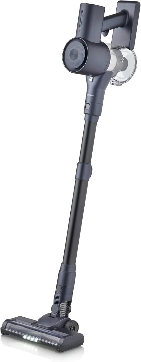 Severin ▫️ Aspirador sem fios Peso 1,5 kg, 130 W, 40 min., 0,5 l, função de armazenamento, tubo ajustável em altura, luzes LED, 2 acessórios para pisos e móveis, 11 000 PA, S-Power, preto, HV 7194