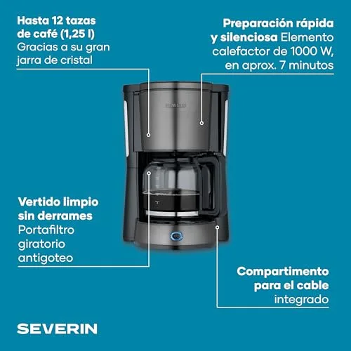 Severin ▫️ Máquina de café por filtragem «TYPE» com jarro de vidro, Inox Escuro-Preto 2