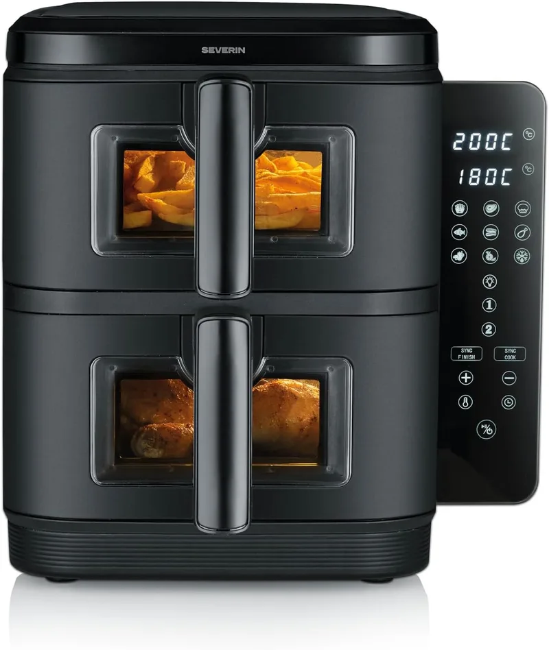 Severin ▫️ Fritadeira de ar quente Duo Stack com 2 cestos de 5,5 litros cada, cozinha saudável, 9 programas automáticos, fritadeira sem gordura, design compacto, S-Fry, 2800 W, preta, FR 9598