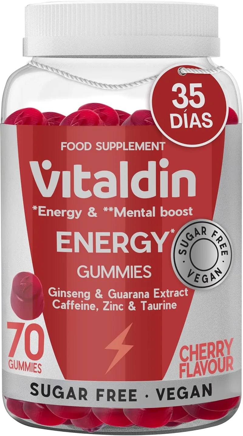 Vitaldin ▫️ Energy Gummies – Gomas energéticas veganas e sem açúcares adicionados – Com ginseng, guaraná, cafeína, taurina e vitaminas B – Melhoram a concentração e reduzem a fadiga – Sabor a cereja – 70 gomas