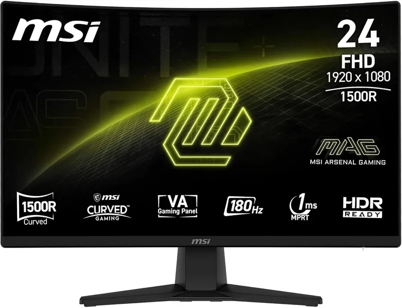 MSI ▫️ mag 242CA Monitor Gaming de 24" FHD 1500R, 1920 x 1080 VA, 180 Hz, 1 ms, compatível com HDR, proteção ocular, HDMI 2.0b, DP 1.2a, sem moldura, inclinação ajustável, montagem VESA, preto