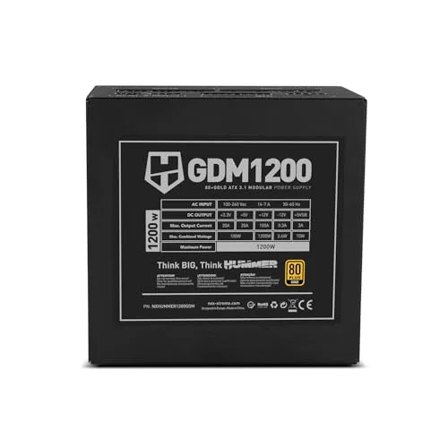 NOX XTREME PRODUCTS ▫️ Hummer GDM 1200W Gold – Fonte de alimentação modular ATX 3.1 80 Plus Gold, ventoinha silenciosa de 120 mm, PCIe 5.1, eficiência de 90%, cabos planos extra-longos 6