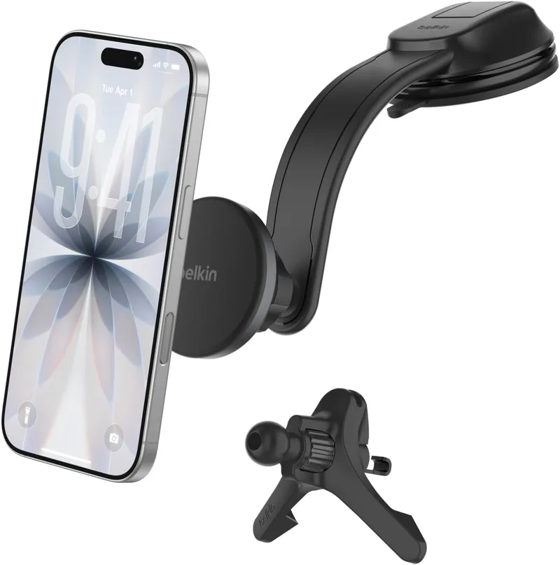 Belkin ▫️ Carregador de carro com carregamento rápido, suportes para a grelha de ventilação e o painel de instrumentos, cabo USB-C, carregador magnético sem fios Qi2, MagSafe, compatível com iPhone 17, Pixelsnap e Galaxy S25 - Preto