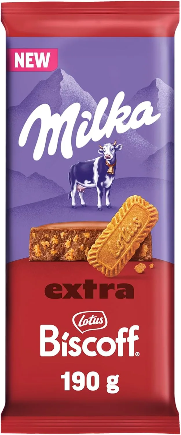 Milka ▫️ Biscoff Extra, Barra de Chocolate de Leite Alpino com Biscoito Lotus Biscoff - 190 g