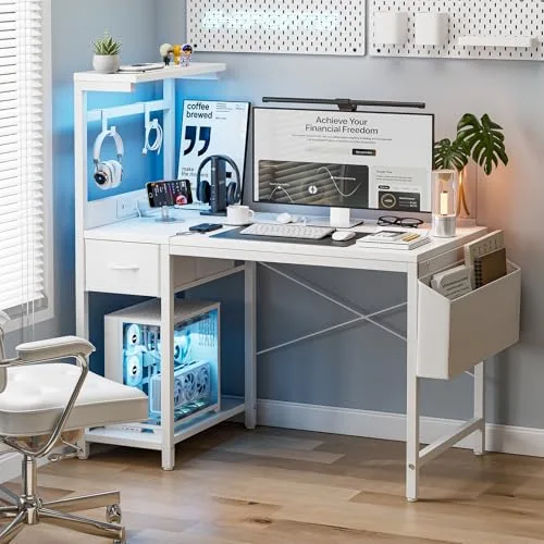 Grandder ▫️ Secretária de jogos 120 x 50 cm com tomada LED RGB, prateleiras rebatíveis e gaveta organizadora para PC e portátil, para casa/escritório. Inclui bolsa em fibra de carbono preta 2