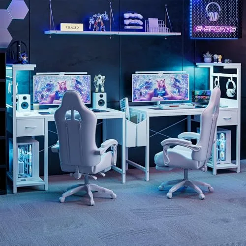 Grandder ▫️ Secretária de jogos 120 x 50 cm com tomada LED RGB, prateleiras rebatíveis e gaveta organizadora para PC e portátil, para casa/escritório. Inclui bolsa em fibra de carbono preta 4
