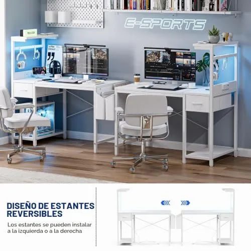 Grandder ▫️ Secretária de jogos 120 x 50 cm com tomada LED RGB, prateleiras rebatíveis e gaveta organizadora para PC e portátil, para casa/escritório. Inclui bolsa em fibra de carbono preta 5