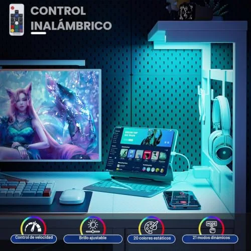 Grandder ▫️ Secretária de jogos 120 x 50 cm com tomada LED RGB, prateleiras rebatíveis e gaveta organizadora para PC e portátil, para casa/escritório. Inclui bolsa em fibra de carbono preta 6