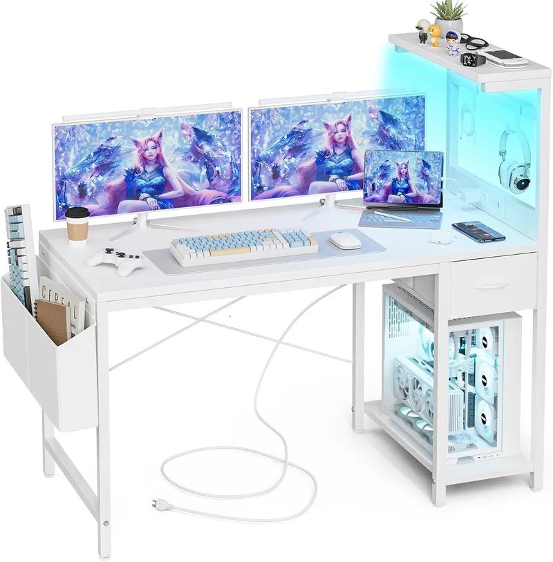 Grandder ▫️ Secretária de jogos 120 x 50 cm com tomada LED RGB, prateleiras rebatíveis e gaveta organizadora para PC e portátil, para casa/escritório. Inclui bolsa em fibra de carbono preta