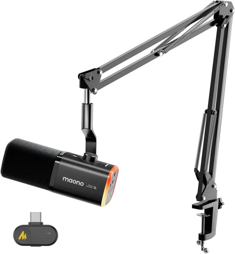MAONO ▫️ PD100WS Microfone sem fios para jogos de PC, microfone dinâmico USB com braço, 3 níveis de redução de ruído, RGB, botão de silenciamento e equalização de software para transmissão, podcast e gravação, preto