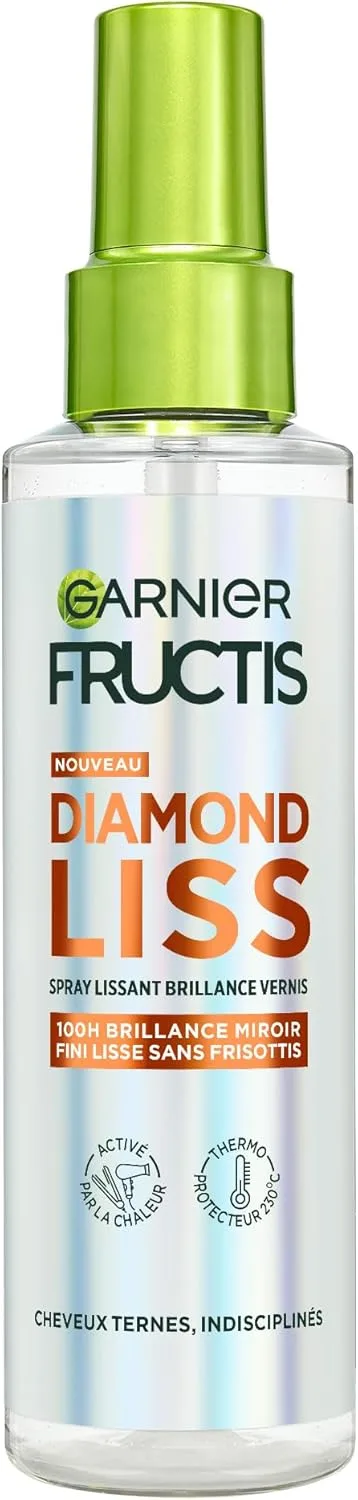 Garnier ▫️ Fructis Diamond Liss – Spray alisante com brilho de diamante para um cabelo liso e brilhante – Proteção térmica – Queratina vegetal e óleo de argão – Antirrisottis – Anti-humidade – 150 ml