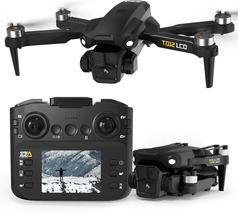 Toladrone ▫️ TD12LCD – Drone com câmara para adultos, drones com posicionamento por fluxo ótico, motor sem escovas, transmissão com ecrã LCD, drone dobrável para principiantes, menos de 249 g