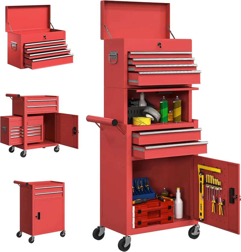 HOMCOM ▫️ Carrinho de ferramentas com 6 gavetas e fechaduras, 3 em 1, carrinho de oficina móvel com rodas e painel lateral perfurado, caixa de ferramentas em aço amovível, para oficina, garagem, vermelho