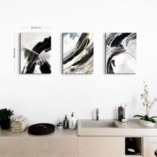 AREBOLO ▫️ Conjunto decorativo de quadros em tela a preto e branco – fotografia mural de 3 peças para decoração de quarto; quadros abstratos com linhas; decoração de parede em mármore neutro e dourado; 12 x 16” 2