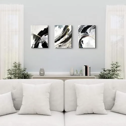 AREBOLO ▫️ Conjunto decorativo de quadros em tela a preto e branco – fotografia mural de 3 peças para decoração de quarto; quadros abstratos com linhas; decoração de parede em mármore neutro e dourado; 12 x 16” 3