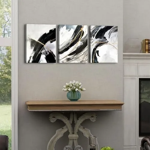 AREBOLO ▫️ Conjunto decorativo de quadros em tela a preto e branco – fotografia mural de 3 peças para decoração de quarto; quadros abstratos com linhas; decoração de parede em mármore neutro e dourado; 12 x 16” 4