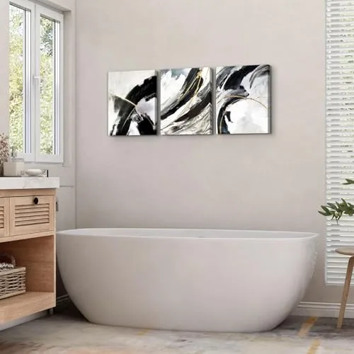AREBOLO ▫️ Conjunto decorativo de quadros em tela a preto e branco – fotografia mural de 3 peças para decoração de quarto; quadros abstratos com linhas; decoração de parede em mármore neutro e dourado; 12 x 16” 5