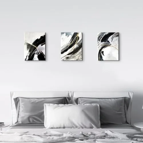 AREBOLO ▫️ Conjunto decorativo de quadros em tela a preto e branco – fotografia mural de 3 peças para decoração de quarto; quadros abstratos com linhas; decoração de parede em mármore neutro e dourado; 12 x 16” 6