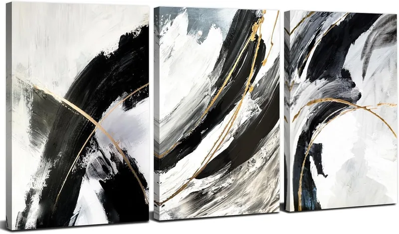 AREBOLO ▫️ Conjunto decorativo de quadros em tela a preto e branco – fotografia mural de 3 peças para decoração de quarto; quadros abstratos com linhas; decoração de parede em mármore neutro e dourado; 12 x 16”
