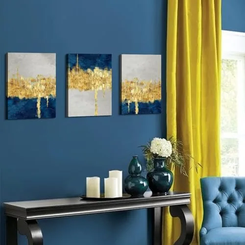 AREBOLO ▫️ 3 obras de arte abstratas em azul e dourado para decorar paredes, estilo moderno, contemporâneo e minimalista, decoração de paredes, quadros e posters para a sala de estar, quarto, sala de jantar e escritório, 12 x 16” 2