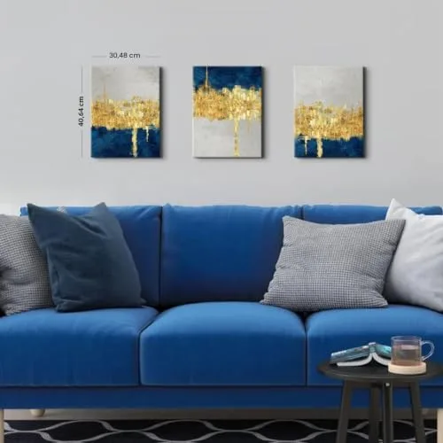AREBOLO ▫️ 3 obras de arte abstratas em azul e dourado para decorar paredes, estilo moderno, contemporâneo e minimalista, decoração de paredes, quadros e posters para a sala de estar, quarto, sala de jantar e escritório, 12 x 16” 3