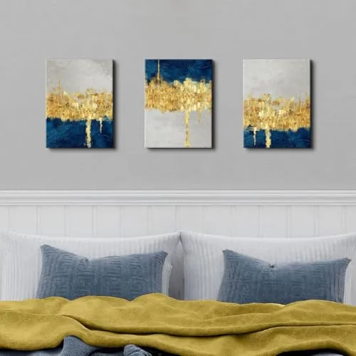 AREBOLO ▫️ 3 obras de arte abstratas em azul e dourado para decorar paredes, estilo moderno, contemporâneo e minimalista, decoração de paredes, quadros e posters para a sala de estar, quarto, sala de jantar e escritório, 12 x 16” 4