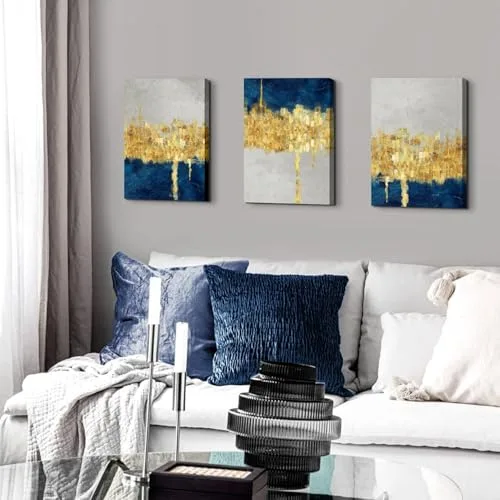 AREBOLO ▫️ 3 obras de arte abstratas em azul e dourado para decorar paredes, estilo moderno, contemporâneo e minimalista, decoração de paredes, quadros e posters para a sala de estar, quarto, sala de jantar e escritório, 12 x 16” 5