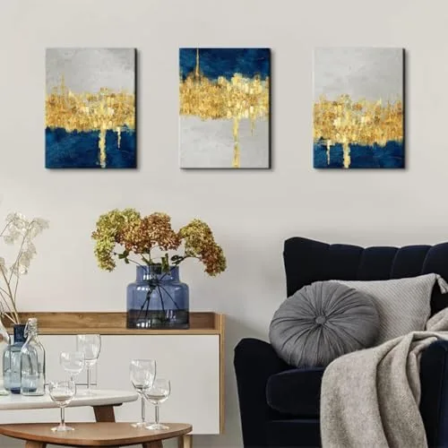 AREBOLO ▫️ 3 obras de arte abstratas em azul e dourado para decorar paredes, estilo moderno, contemporâneo e minimalista, decoração de paredes, quadros e posters para a sala de estar, quarto, sala de jantar e escritório, 12 x 16” 6