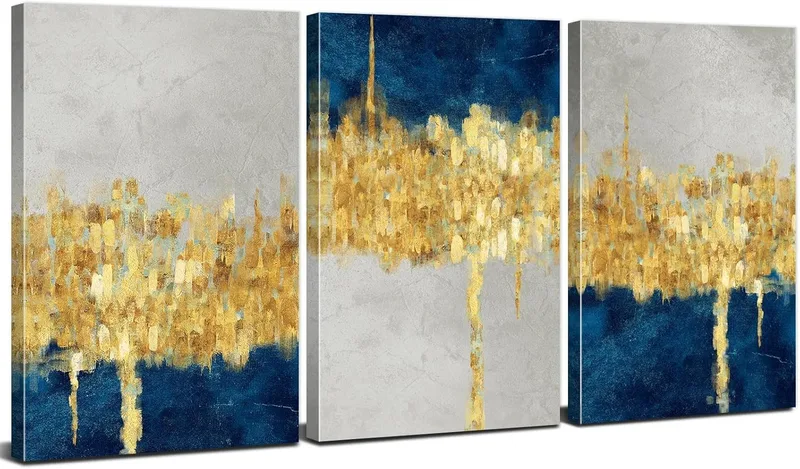 AREBOLO ▫️ 3 obras de arte abstratas em azul e dourado para decorar paredes, estilo moderno, contemporâneo e minimalista, decoração de paredes, quadros e posters para a sala de estar, quarto, sala de jantar e escritório, 12 x 16”