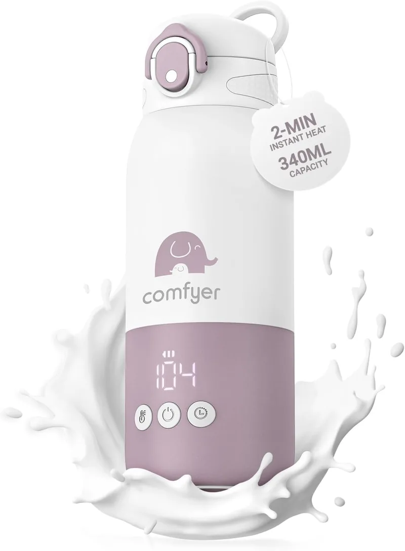 Comfyer ▫️ Aquecedor de Biberões de Viagem Portátil BW01, Aquecimento Rápido e Bateria de Longa Duração, 2 Modos para Leite Materno e Água, Capacidade de Viagem de 340ml Roxo e branco