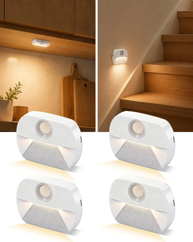 AdalyRoma ▫️ Luz nocturna LED com detetor de movimento, 4 pcs. luz de movimento para crianças, funcionamento a pilhas, iluminação interior de escadas, luz com sensor on/off para corredor, Luz nocturna LED com detetor de movimento, 4 pcs. luz de movimento para crianças, funcionamento a pilhas, ilumin