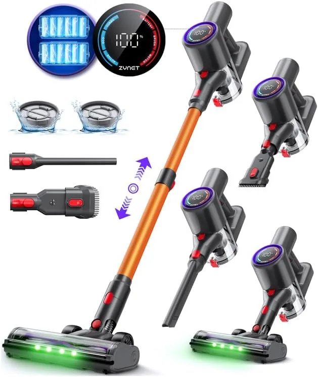 Zynet ▫️ Aspirador sem fio de bateria dupla DP2, 45KPa/60Min/500W, ecrã LED, tubo telescópico, autónomo, luz verde, aspirador de pelo de animal de estimação/alcatifa/vassoura para pavimentos duros sem fio