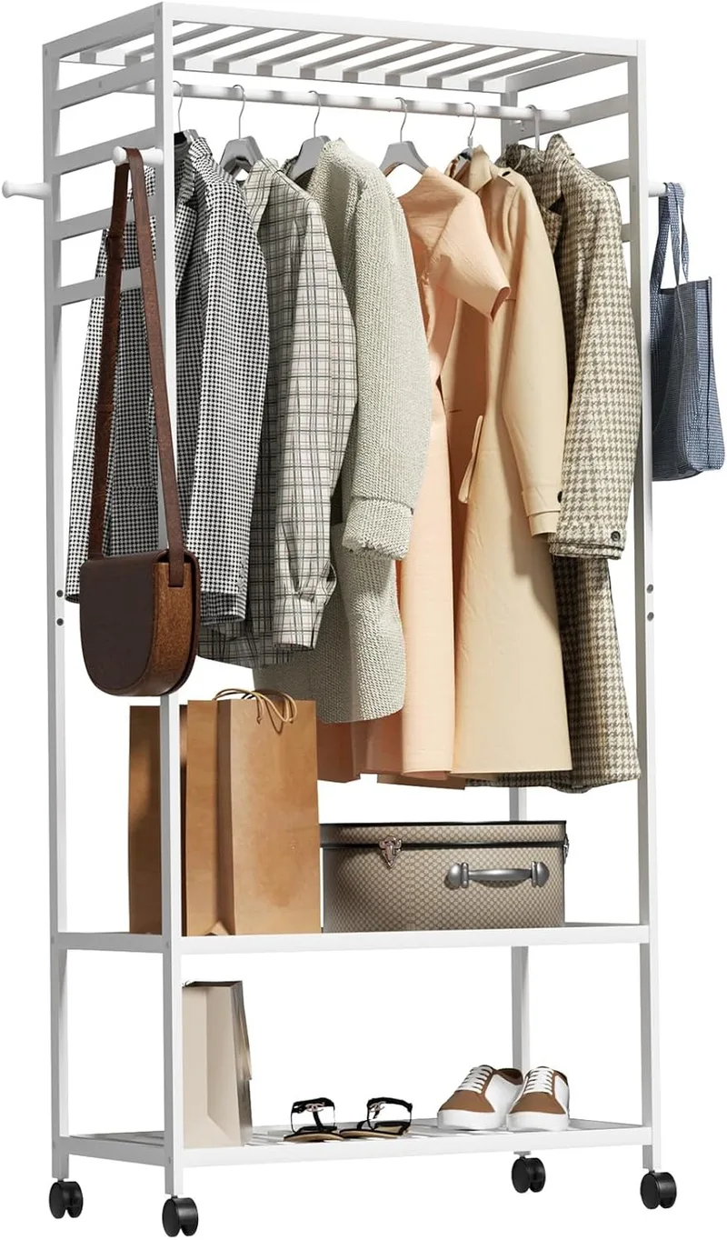 unho ▫️ Cabideiro de Madeira com Rodas, 3 Prateleiras, 4 Ganchos, Branco | Cabideiro com Rodas, 2 Rodas com Travão para Quarto, Vestiário ou Entrada, Suporta 75 kg, 78 x 40 x 164 cm