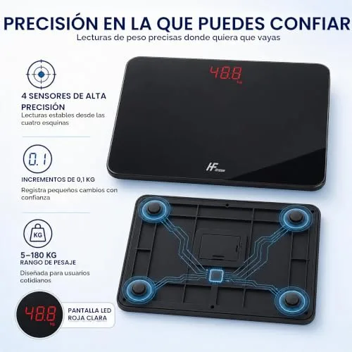 HomeFashion ▫️ HFitness Balança de casa de banho de viagem para medição do peso corporal Balança digital portátil com ecrã LED vermelho de alta precisão Capacidade de 180 kg 28 x 18 cm Preta 4