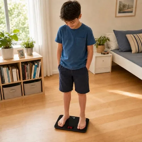 HomeFashion ▫️ HFitness Balança de casa de banho de viagem para medição do peso corporal Balança digital portátil com ecrã LED vermelho de alta precisão Capacidade de 180 kg 28 x 18 cm Preta 6