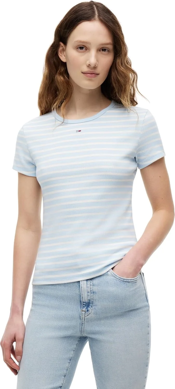 Tommy Jeans ▫️ Camiseta de manga curta para mulher Essential Rib Slim Fit